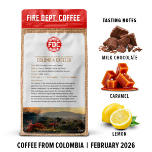 Fire Dept. Coffee package with tasting notes and coffee details on a white background