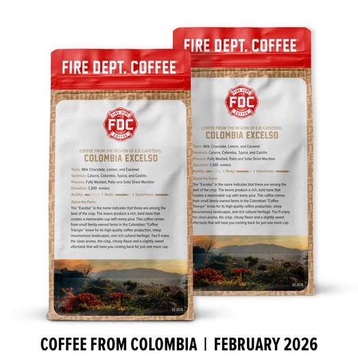 Two Fire Dept. Coffee packages with a scenic landscape on a white background