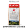 Fire Dept. Coffee package with scenic background and text about coffee from Nicaragua.