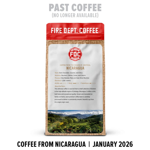 Fire Dept. Coffee package with scenic background and text about coffee from Nicaragua.