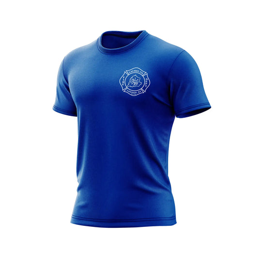 Blue t-shirt with a logo on a white background