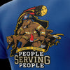 T-shirt with a graphic of a bear in a firefighter uniform and text on a blue background