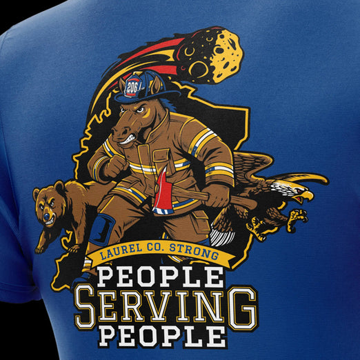 T-shirt with a graphic of a bear in a firefighter uniform and text on a blue background