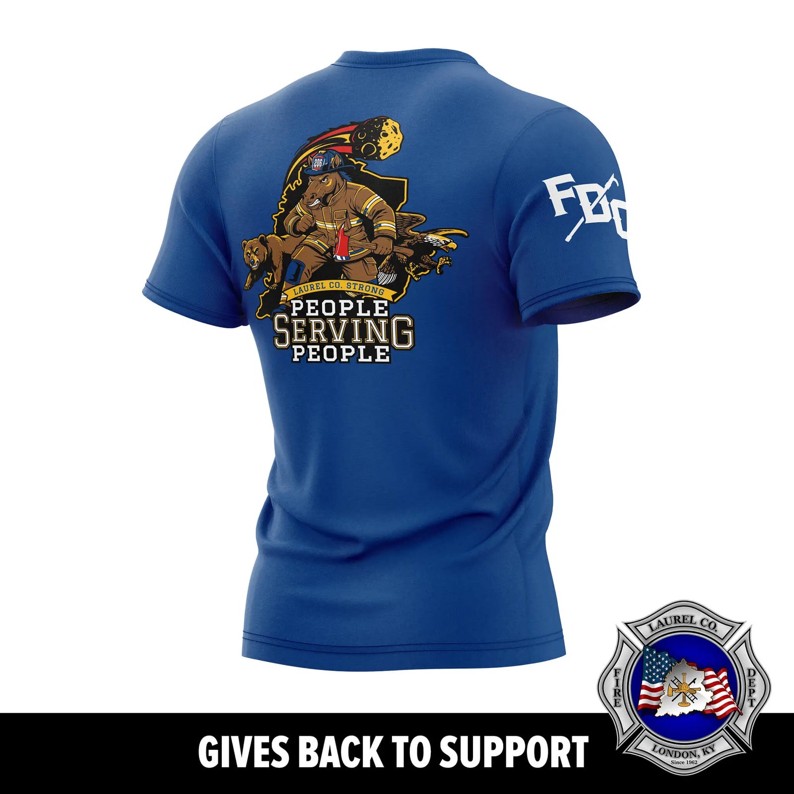 Blue t-shirt with a graphic design and text on the back, displayed on a white background.