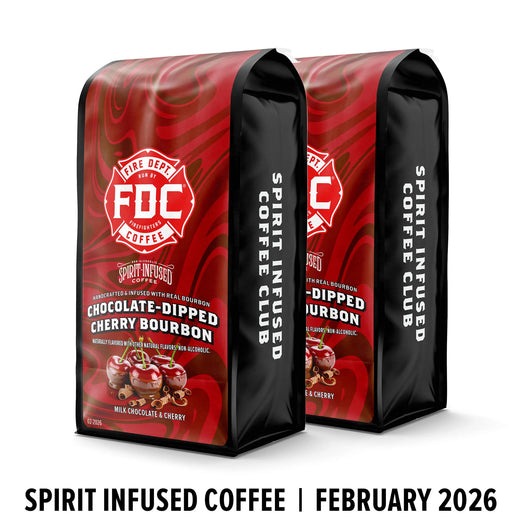 Two red coffee bags with ’FDC Coffee’ branding on a white background