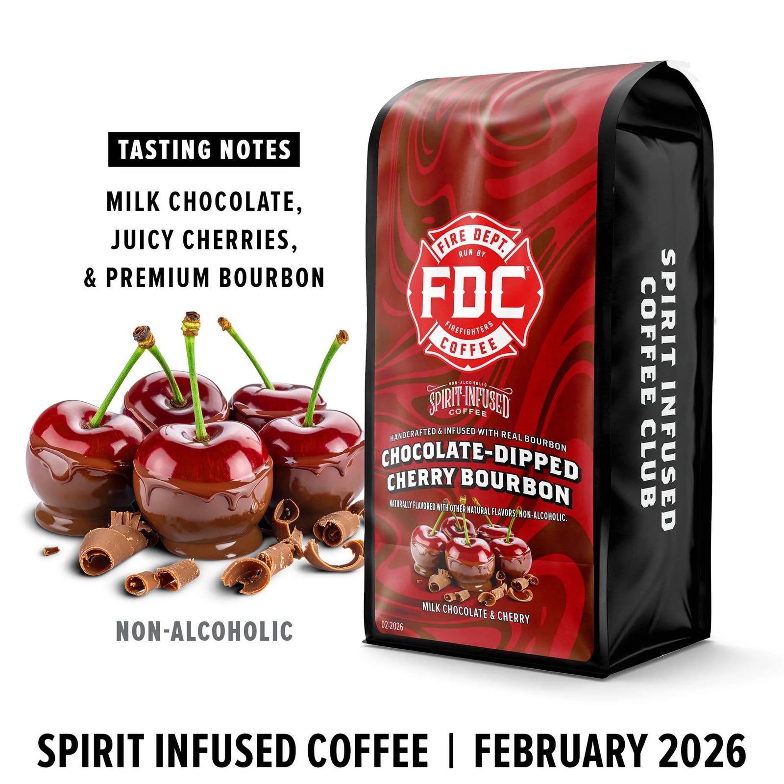Fire Department Coffee bag with chocolate-dipped cherries and coffee beans on a white background