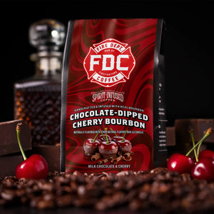 Fire Department Coffee bag with chocolate-dipped cherries and coffee beans on a white background