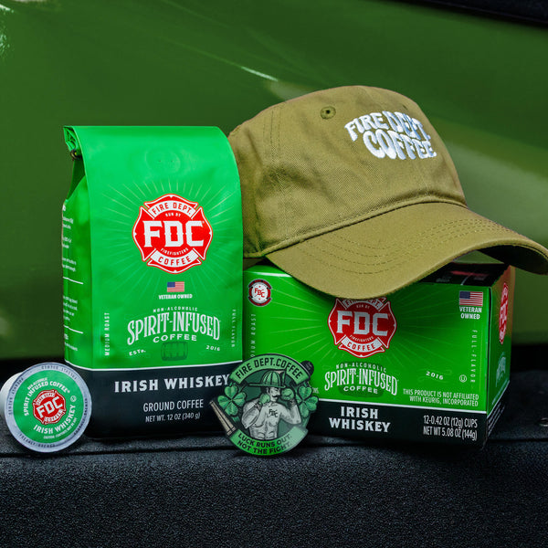 FDC Spirit-Infused Coffee packaging, green cap, and Irish whiskey label on a white background.