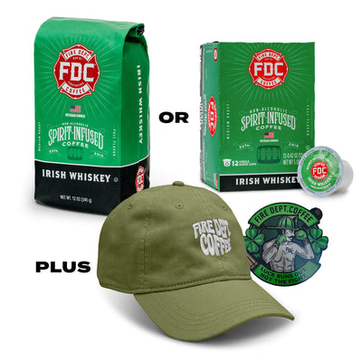 FDC Spirit-Infused Coffee packaging, green cap, and Irish whiskey label on a white background.