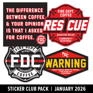 Collection of stickers with text and logos related to Fire Dept. Coffee and Rescue, including a warning label.