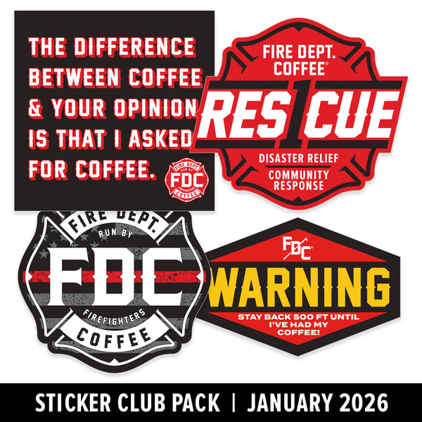 Collection of stickers with text and logos related to Fire Dept. Coffee and Rescue, including a warning label.