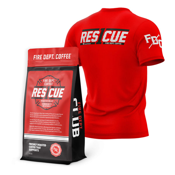 Red t-shirt and Fire Dept. Coffee package with 'Rescue' branding on a white background