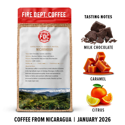 Fire Dept. Coffee package with tasting notes and coffee information on a white background