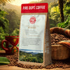 Fire Dept. Coffee package with coffee beans and a mug in a scenic setting