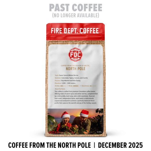 Fire Dept. Coffee package with a festive design and text about coffee from the North Pole.