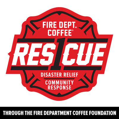 Logo of Fire Dept. Coffee Rescue with red, black, and white colors on a white background.