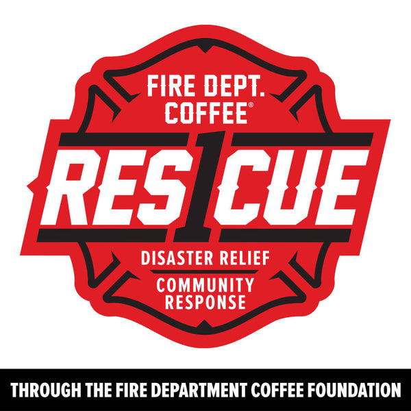 Logo of Fire Dept. Coffee Rescue with red, black, and white colors on a white background.