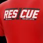 Red t-shirt with ’Rescue’ and ’Fire Dept. Coffee’ text on a person wearing it.