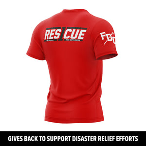 Red t-shirt with 'Rescue' and 'FDC' text on a white background