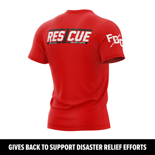 Red t-shirt with ’Rescue’ and ’FDC’ text on a white background