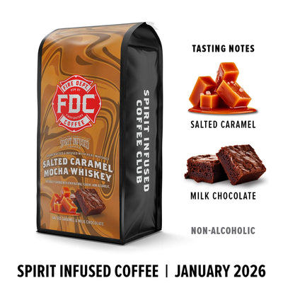Bag of FDC Coffee with salted caramel mocha whiskey flavor profile on a white background