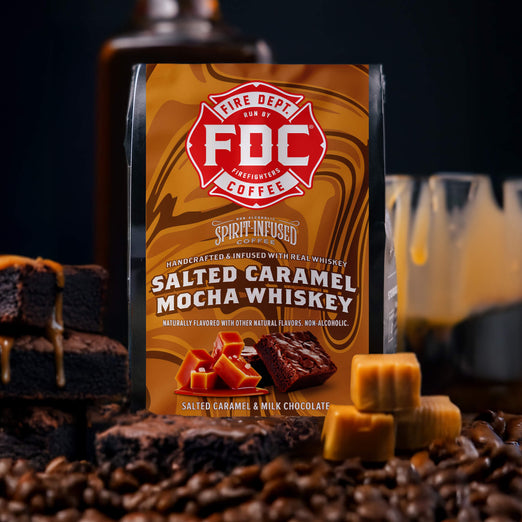 FDC Coffee package for Salted Caramel Mocha Whiskey flavor with coffee beans and brownies in the background