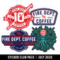 Four FBC Fire Department themed sticker designs arranged on a white background with a black banner reading ’STICKER CLUB PACK | JULY 2026’. The stickers feature red, white, and blue fire department motifs, including a Maltese cross, badge-style shapes, and a teal octopus illustration.