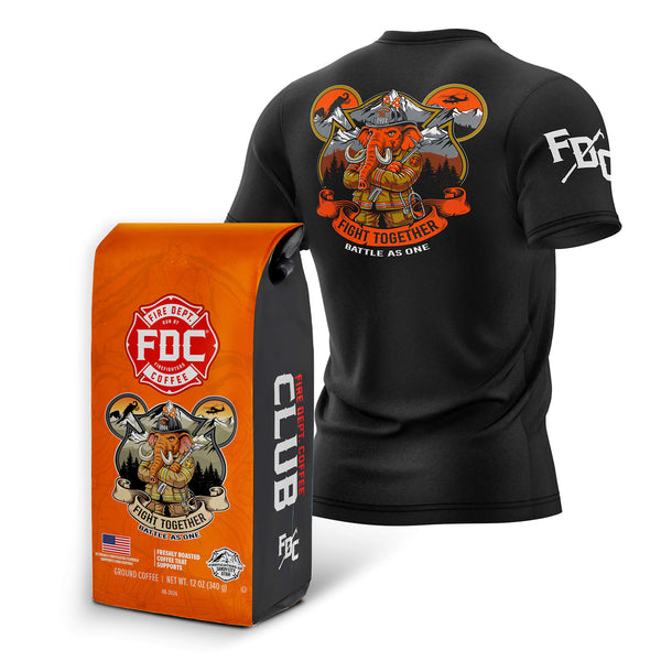 A black short-sleeve athletic t-shirt shown from the back alongside an orange and black FDC Club coffee bag. The shirt features a large graphic of a firefighter mascot with axes and the text 'FIGHT TOGETHER' on the back, and a white 'FDC' logo on the sleeve.