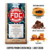 A bag of FDC Fire Department Coffee from Costa Rica, shown next to flavor illustrations for papaya, milk chocolate, and caramel, with text reading 'Tasting Notes' and 'Coffee from Costa Rica | July 2026'.