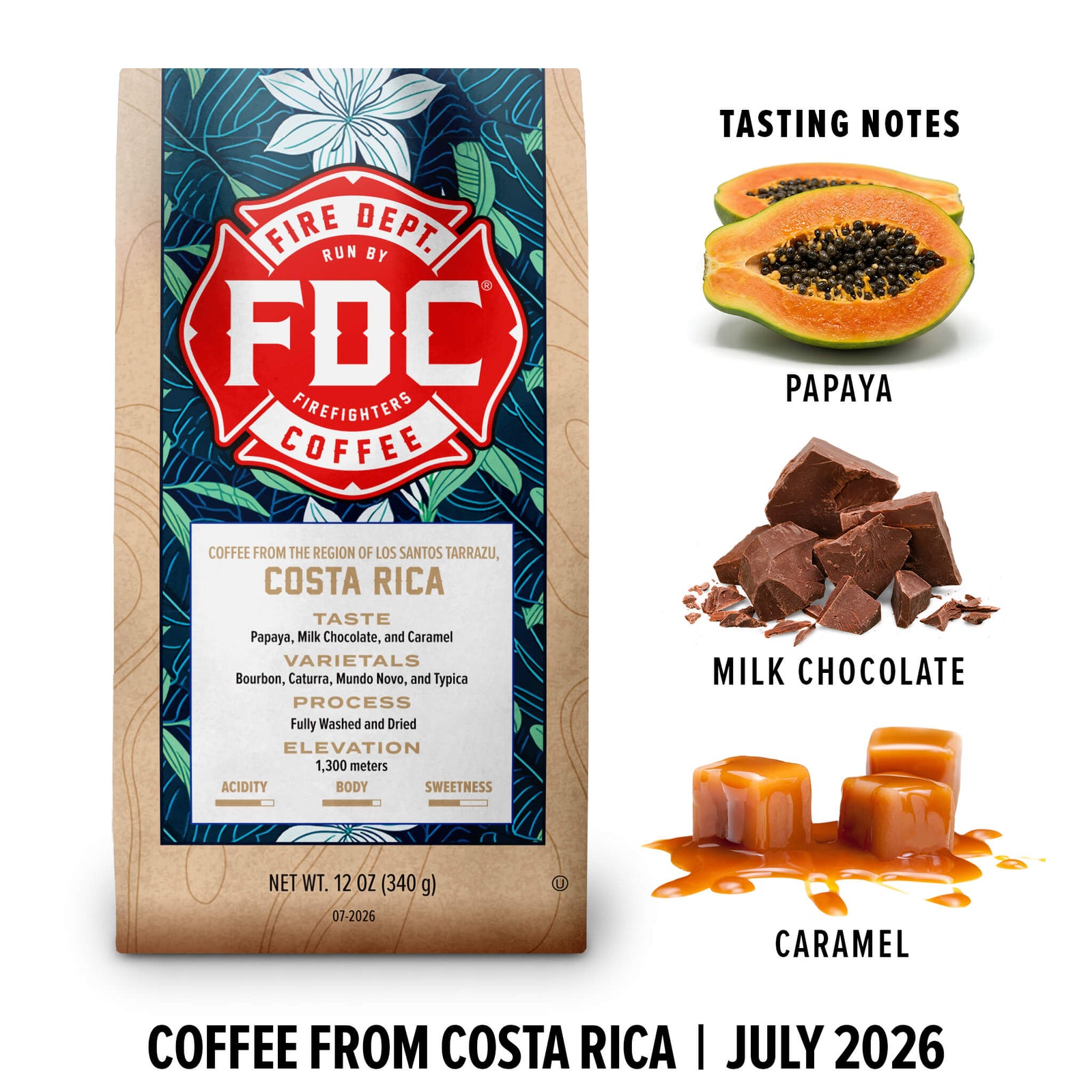 A bag of FDC Fire Department Coffee from Costa Rica, shown next to flavor illustrations for papaya, milk chocolate, and caramel, with text reading 'Tasting Notes' and 'Coffee from Costa Rica | July 2026'.
