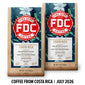 Two bags of FDC Fire Department Coffee Costa Rica coffee shown side by side on a white background with black text at the bottom reading ’COFFEE FROM COSTA RICA | JULY 2026’. The packaging features a red FDC logo on a teal tropical leaf pattern background with light wood-colored borders at the top and bottom.