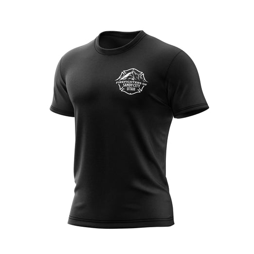Black t-shirt with a white logo on a white background