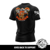 Black t-shirt with a graphic design and text on the back, displayed against a white background.