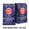 Two bags of FDC Fire Department Coffee Blueberry Crumble Bourbon coffee on a white background with a black text banner at the bottom reading 'SPIRIT INFUSED COFFEE | JULY 2026'.