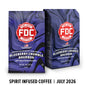 Two bags of FDC Fire Department Coffee Blueberry Crumble Bourbon coffee on a white background with a black text banner at the bottom reading ’SPIRIT INFUSED COFFEE | JULY 2026’.
