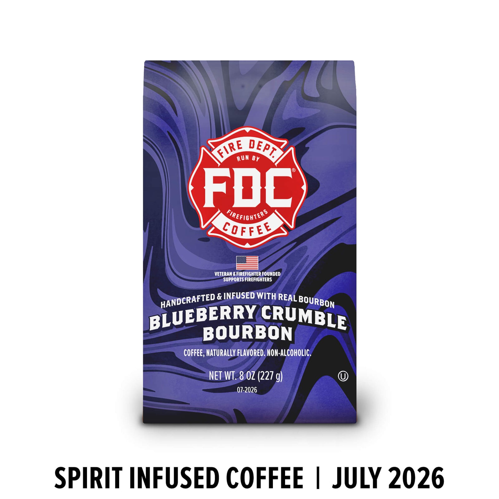 A bag of FDC Fire Department Bourbon Coffee in Blueberry Crumble Bourbon flavor, featuring a purple and blue marbled design with a red FDC logo, shown on a white background with text below reading 'SPIRIT INFUSED COFFEE | JULY 2026'.