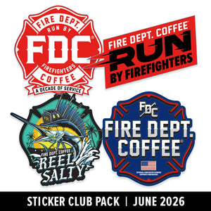 Collection of Fire Dept. Coffee stickers with various designs on a white background.