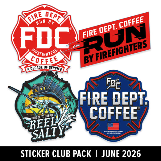 Collection of Fire Dept. Coffee stickers with various designs on a white background.