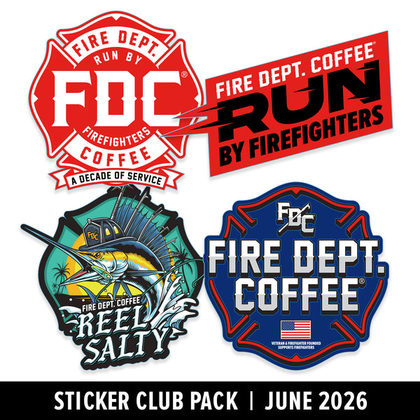 Collection of Fire Dept. Coffee stickers with various designs on a white background.