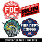 Collection of Fire Dept. Coffee stickers with various designs on a white background.