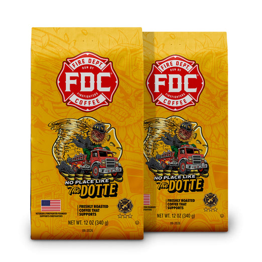 Two packages of FDC Fire Dept. Coffee with a fire truck and eagle design on a yellow background.