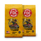 Two packages of FDC Fire Dept. Coffee with a fire truck and eagle design on a yellow background.