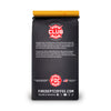 Black coffee bag with red and yellow branding on a white background