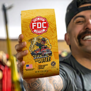 Fire Department Coffee bag with yellow background and logo