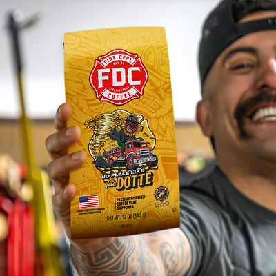 Fire Department Coffee bag with yellow background and logo