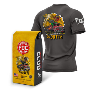 Gray t-shirt with a graphic design and a yellow coffee bag with the same design on a white background