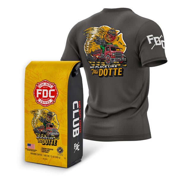 Gray t-shirt with a graphic design and a yellow coffee bag with the same design on a white background