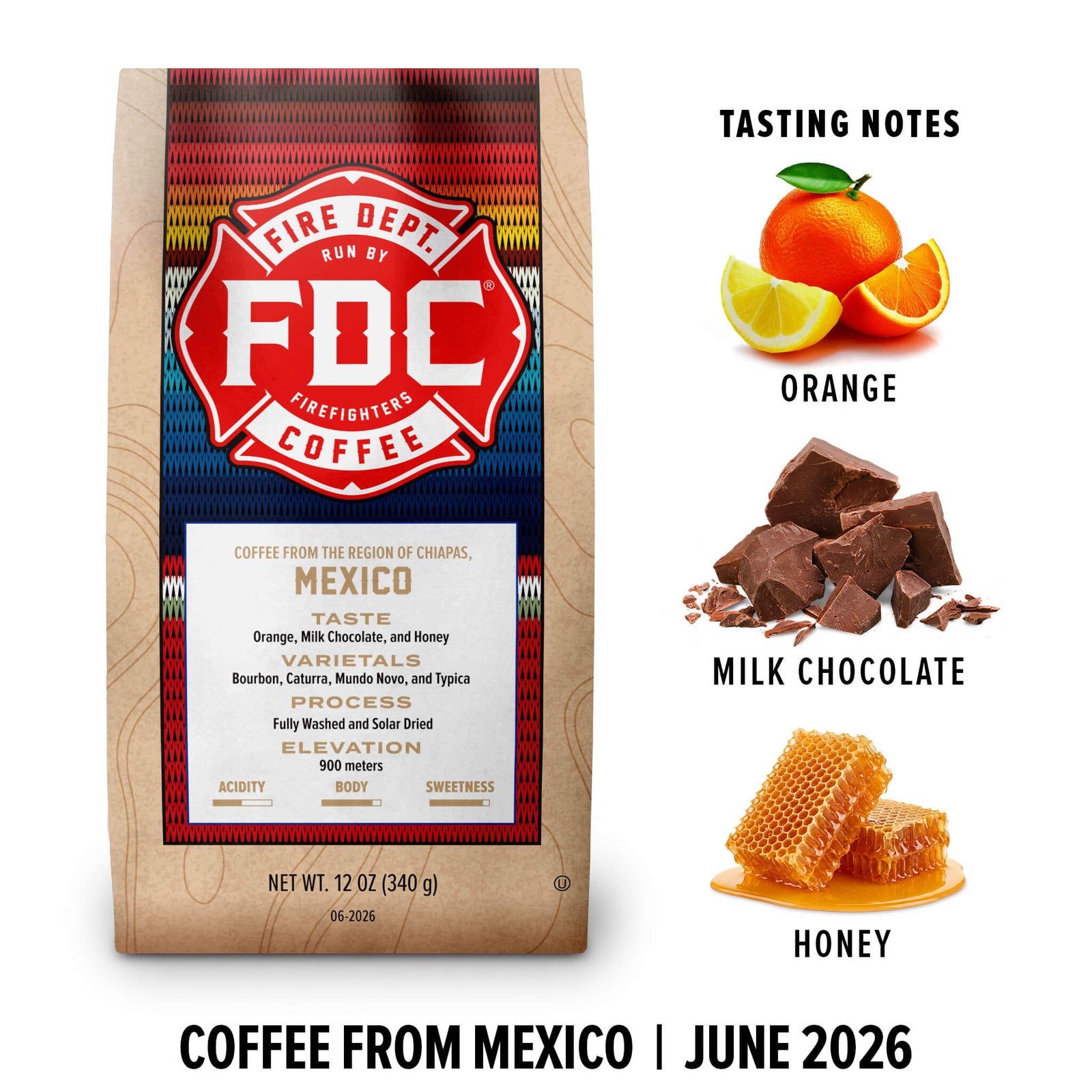 FDC Firefighters Coffee package with tasting notes for orange, milk chocolate, and honey.