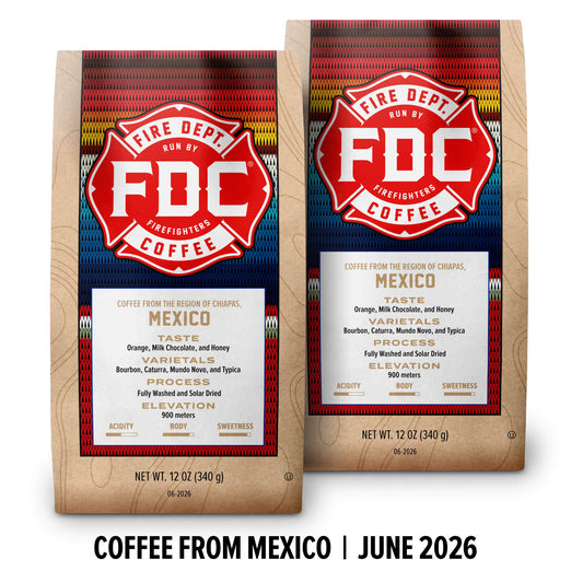 Two packages of FDC Firefighter Coffee from Mexico on a white background
