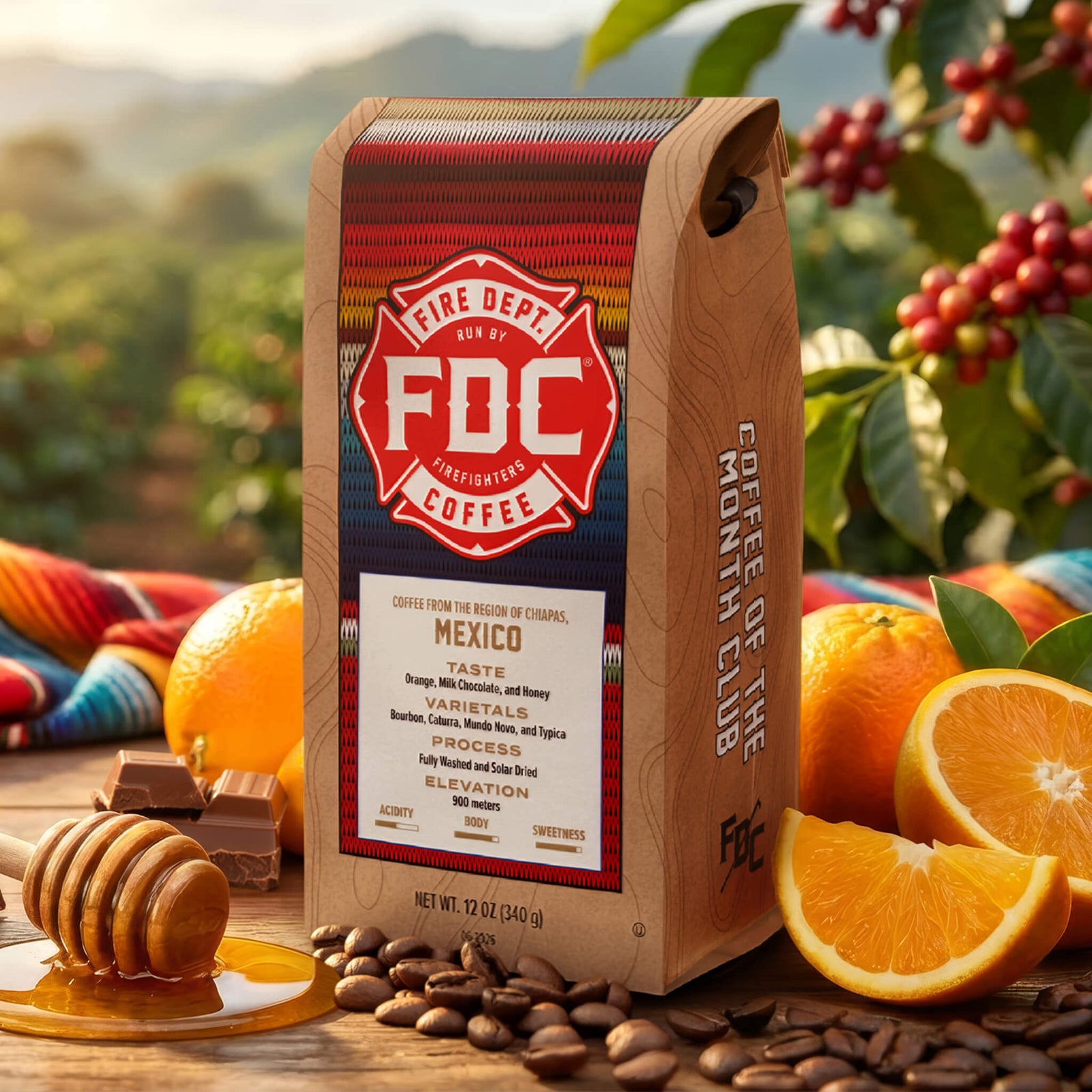 FDC Firefighters Coffee package with tasting notes for orange, milk chocolate, and honey.